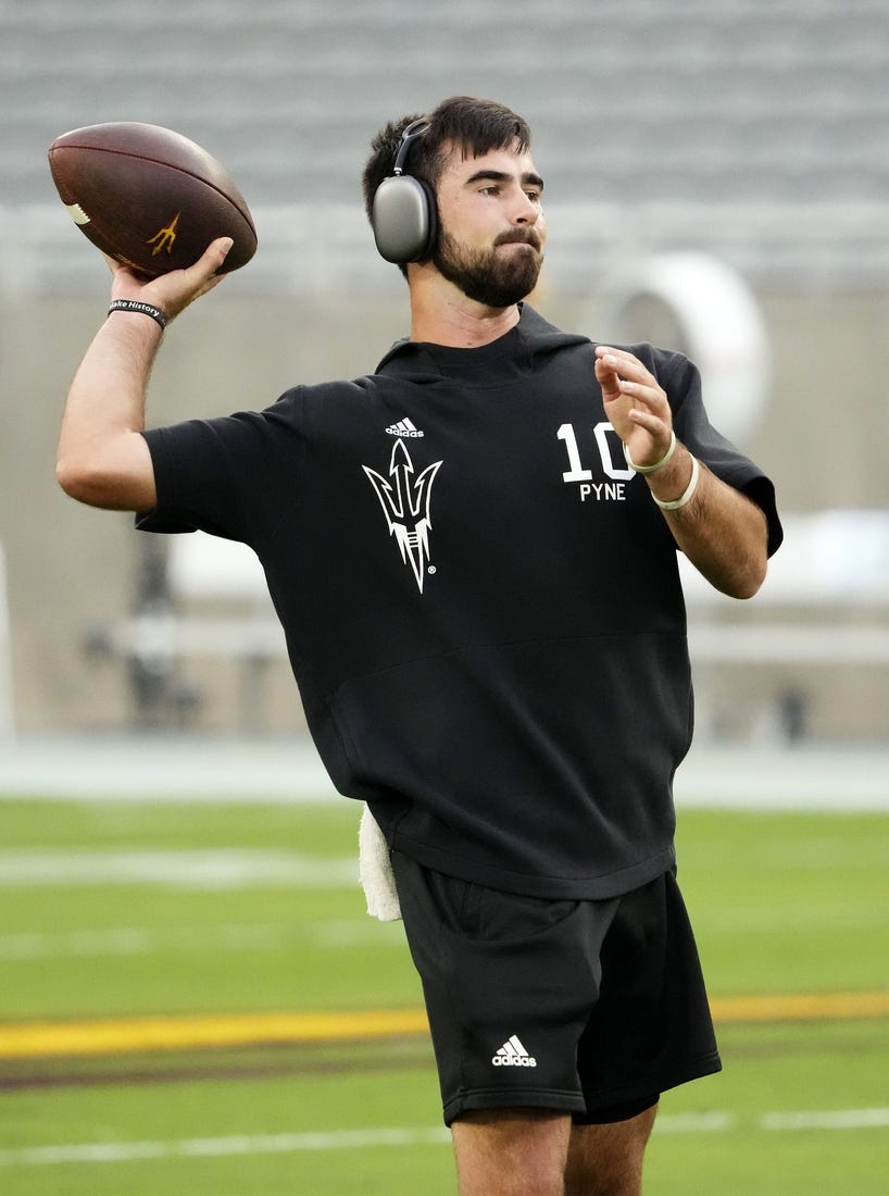 Arizona State Sun Devils quarterback Drew Pyne (10) warms up before playing the Fresno State Bulldogs at Mountain America Stadium in Tempe on Sept. 16, 2023.