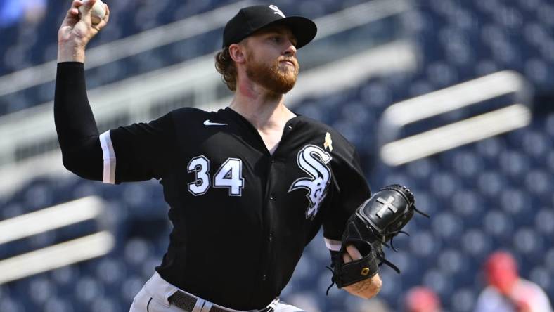 Sep 20, 2023; Washington, District of Columbia, USA; Chicago White Sox starting pitcher Michael Kopech (34) throws to the Washington Nationals during the first inning at Nationals Park. Mandatory Credit: Brad Mills-USA TODAY Sports