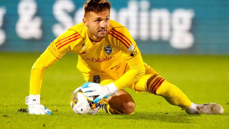 Sep 20, 2023; Commerce City, Colorado, USA; Colorado Rapids goalkeeper Marko Ilic (1) makes a save in the second half against the Seattle Sounders at Dick's Sporting Goods Park. Mandatory Credit: Ron Chenoy-USA TODAY Sports