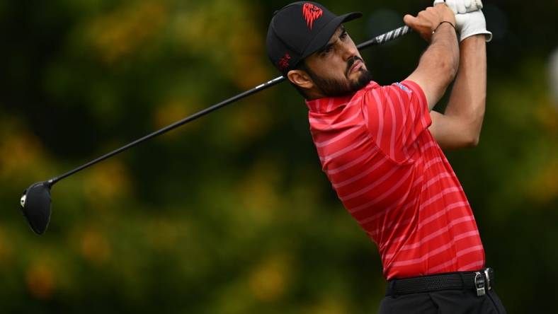 Sep 24, 2023; Sugar Grove, Illinois, USA; Abraham Ancer tees off from the 2nd tee during the final round of the LIV Golf Chicago golf tournament at Rich Harvest Farms. Mandatory Credit: Jamie Sabau-USA TODAY Sports