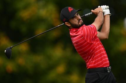 Sep 24, 2023; Sugar Grove, Illinois, USA; Abraham Ancer tees off from the 2nd tee during the final round of the LIV Golf Chicago golf tournament at Rich Harvest Farms. Mandatory Credit: Jamie Sabau-USA TODAY Sports