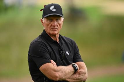 Sep 24, 2023; Sugar Grove, Illinois, USA; Greg Norman watches the action on the 11th green during the final round of the LIV Golf Chicago golf tournament at Rich Harvest Farms. Mandatory Credit: Jamie Sabau-USA TODAY Sports