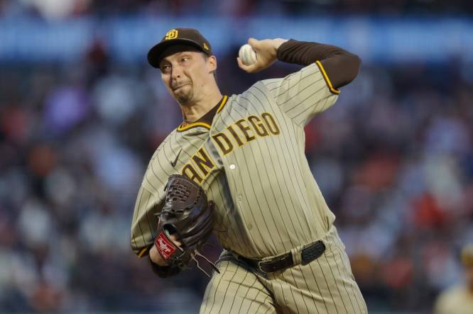 Sep 25, 2023; San Francisco, California, USA; San Diego Padres starting pitcher Blake Snell (4) pitches during the first inning against the San Francisco Giants at Oracle Park. Mandatory Credit: Sergio Estrada-USA TODAY Sports