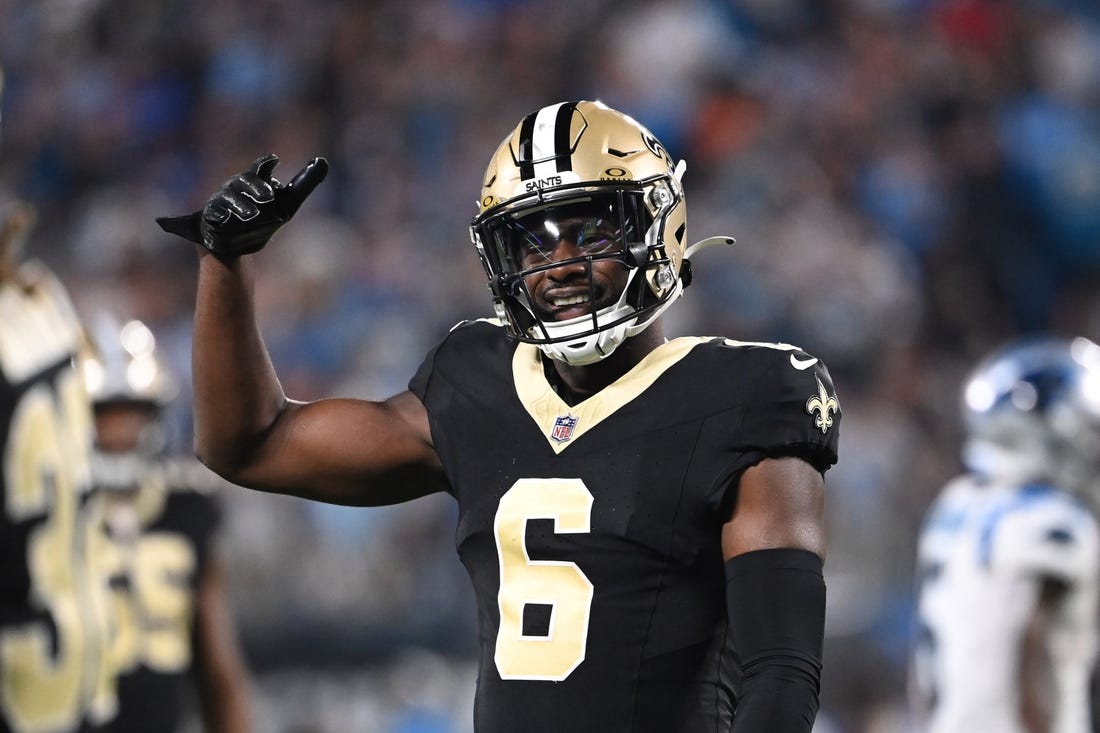 Sep 18, 2023; Charlotte, North Carolina, USA; New Orleans Saints safety Marcus Maye (6) reacts in the fourth quarter at Bank of America Stadium. Mandatory Credit: Bob Donnan-USA TODAY Sports