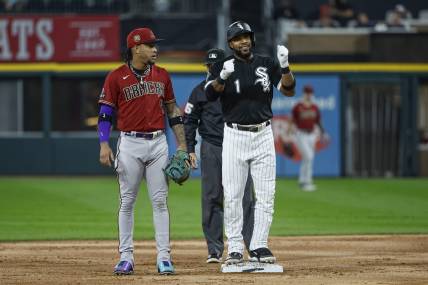 Sep 26, 2023; Chicago, Illinois, USA; Chicago White Sox shortstop Elvis Andrus (1) clebrates after hitting a double against the Arizona Diamondbacks during the first inning at Guaranteed Rate Field. Mandatory Credit: Kamil Krzaczynski-USA TODAY Sports