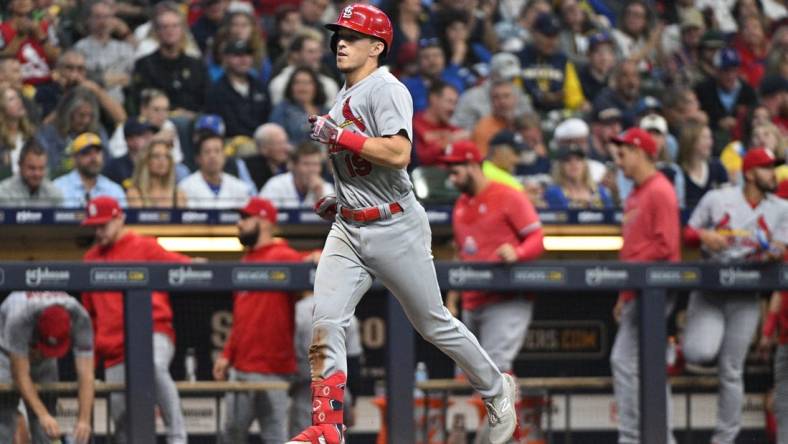 Sep 26, 2023; Milwaukee, Wisconsin, USA; St. Louis Cardinals shortstop Tommy Edman (19) rounds the bases after hitting a home run against the Milwaukee Brewers in the fifth inning at American Family Field. Mandatory Credit: Michael McLoone-USA TODAY Sports