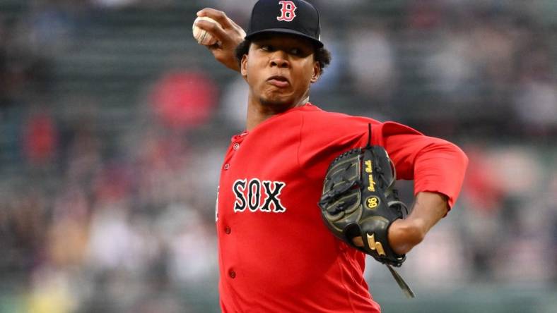 Sep 27, 2023; Boston, Massachusetts, USA; Boston Red Sox starting pitcher Brayan Bello (66) pitches against the Tampa Bay Rays during the first inning at Fenway Park. Mandatory Credit: Brian Fluharty-USA TODAY Sports