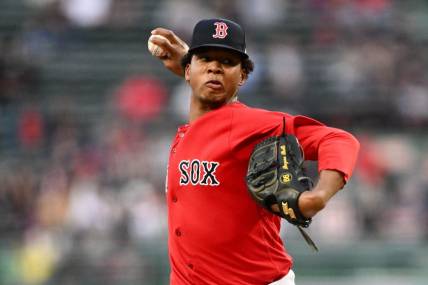 Sep 27, 2023; Boston, Massachusetts, USA; Boston Red Sox starting pitcher Brayan Bello (66) pitches against the Tampa Bay Rays during the first inning at Fenway Park. Mandatory Credit: Brian Fluharty-USA TODAY Sports