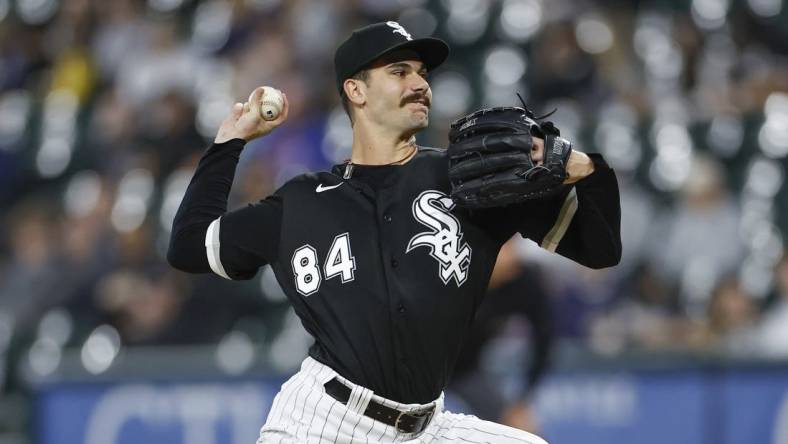 Sep 29, 2023; Chicago, Illinois, USA; Chicago White Sox starting pitcher Dylan Cease (84) delivers a pitch against the San Diego Padres during the first inning at Guaranteed Rate Field. Mandatory Credit: Kamil Krzaczynski-USA TODAY Sports