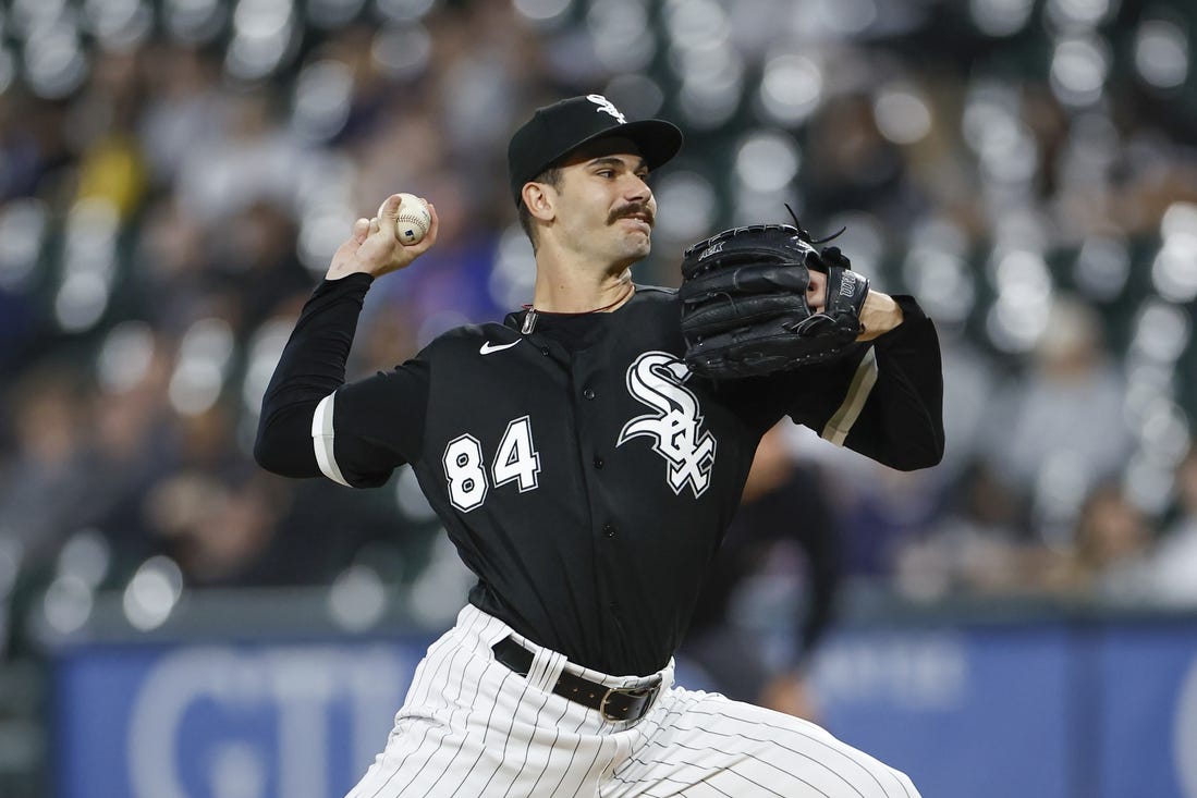 Sep 29, 2023; Chicago, Illinois, USA; Chicago White Sox starting pitcher Dylan Cease (84) delivers a pitch against the San Diego Padres during the first inning at Guaranteed Rate Field. Mandatory Credit: Kamil Krzaczynski-USA TODAY Sports