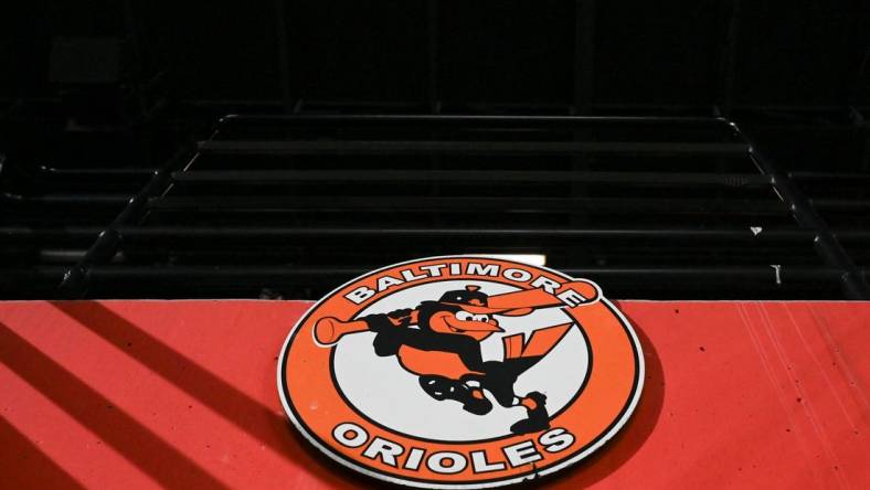 Sep 30, 2023; Baltimore, Maryland, USA; A detailed view of a Baltimore Orioles logo in the stands during the game against the Boston Red Sox  at Oriole Park at Camden Yards. Mandatory Credit: Tommy Gilligan-USA TODAY Sports