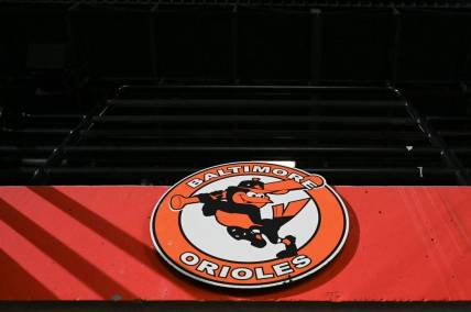 Sep 30, 2023; Baltimore, Maryland, USA; A detailed view of a Baltimore Orioles logo in the stands during the game against the Boston Red Sox  at Oriole Park at Camden Yards. Mandatory Credit: Tommy Gilligan-USA TODAY Sports