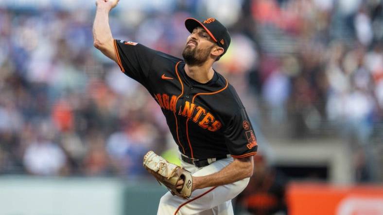 Sep 30, 2023; San Francisco, California, USA; San Francisco Giants starting pitcher Tristan Beck (43) delivers a pitch against the Los Angeles Dodgers during the first inning at Oracle Park. Mandatory Credit: Neville E. Guard-USA TODAY Sports