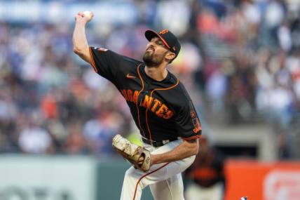 Sep 30, 2023; San Francisco, California, USA; San Francisco Giants starting pitcher Tristan Beck (43) delivers a pitch against the Los Angeles Dodgers during the first inning at Oracle Park. Mandatory Credit: Neville E. Guard-USA TODAY Sports