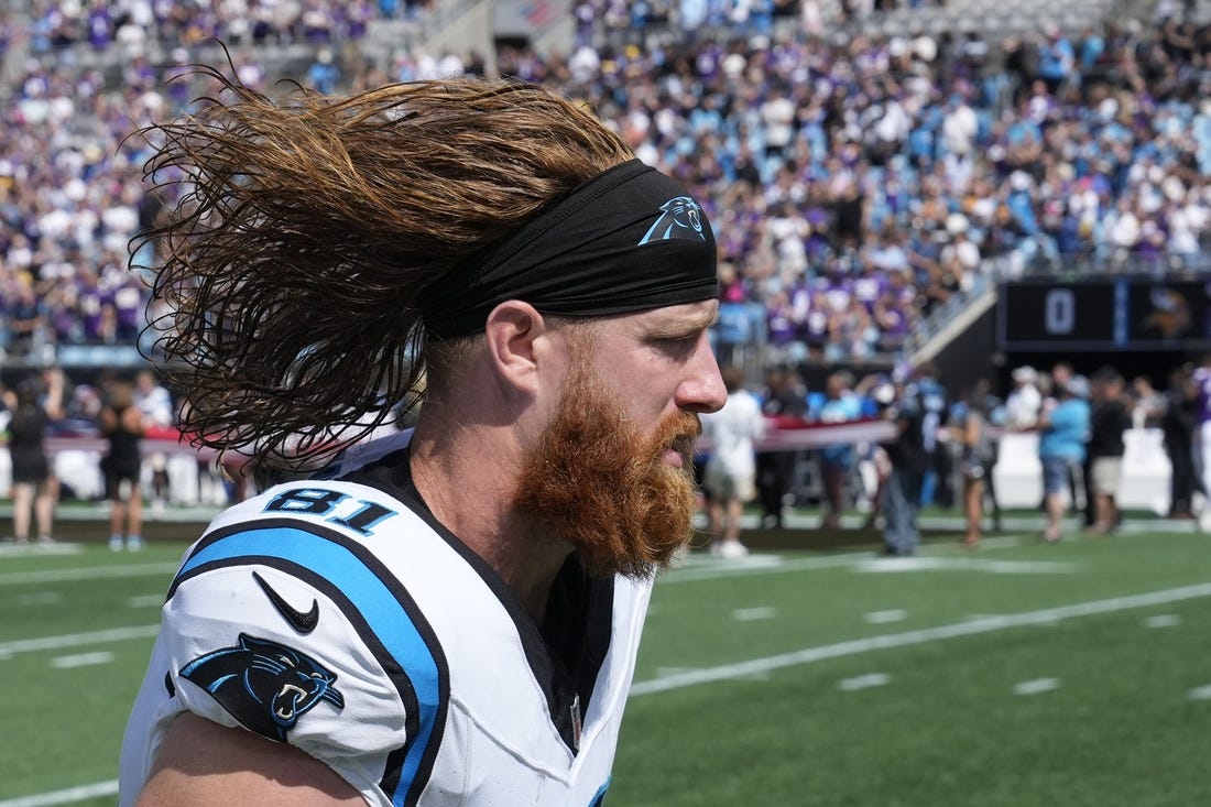 Oct 1, 2023; Charlotte, North Carolina, USA; Carolina Panthers tight end Hayden Hurst (81) runs on to the field before the game at Bank of America Stadium. Mandatory Credit: Bob Donnan-USA TODAY Sports