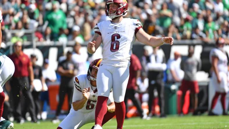 Oct 1, 2023; Philadelphia, Pennsylvania, USA; Washington Commanders place kicker Joey Slye (6) kicks a field goal against the Philadelphia Eagles at Lincoln Financial Field. Mandatory Credit: Eric Hartline-USA TODAY Sports