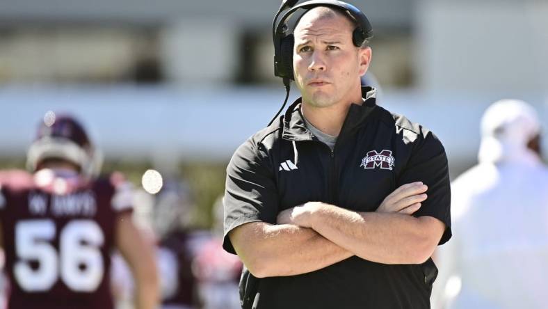 Oct 7, 2023; Starkville, Mississippi, USA; Mississippi State Bulldogs head coach Zach Arnett looks on during the first quarter of the game against the Western Michigan Broncos at Davis Wade Stadium at Scott Field. Mandatory Credit: Matt Bush-USA TODAY Sports