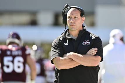 Oct 7, 2023; Starkville, Mississippi, USA; Mississippi State Bulldogs head coach Zach Arnett looks on during the first quarter of the game against the Western Michigan Broncos at Davis Wade Stadium at Scott Field. Mandatory Credit: Matt Bush-USA TODAY Sports