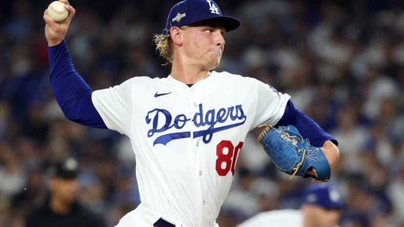 Oct 7, 2023; Los Angeles, California, USA; Los Angeles Dodgers starting pitcher Emmet Sheehan (80) throws a pitch against the Arizona Diamondbacks during the second inning for game one of the NLDS for the 2023 MLB playoffs at Dodger Stadium. Mandatory Credit: Kiyoshi Mio-USA TODAY Sports