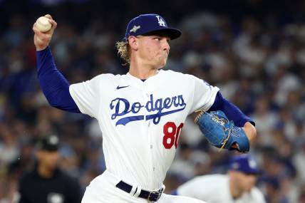 Oct 7, 2023; Los Angeles, California, USA; Los Angeles Dodgers starting pitcher Emmet Sheehan (80) throws a pitch against the Arizona Diamondbacks during the second inning for game one of the NLDS for the 2023 MLB playoffs at Dodger Stadium. Mandatory Credit: Kiyoshi Mio-USA TODAY Sports