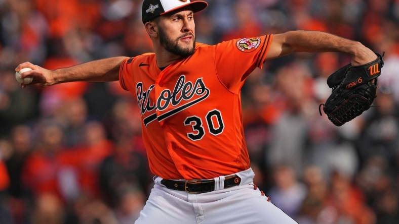 Oct 8, 2023; Baltimore, Maryland, USA; Baltimore Orioles starting pitcher Grayson Rodriguez (30) pitches during the first inning against the Texas Rangers during game two of the ALDS for the 2023 MLB playoffs at Oriole Park at Camden Yards. Mandatory Credit: Mitch Stringer-USA TODAY Sports