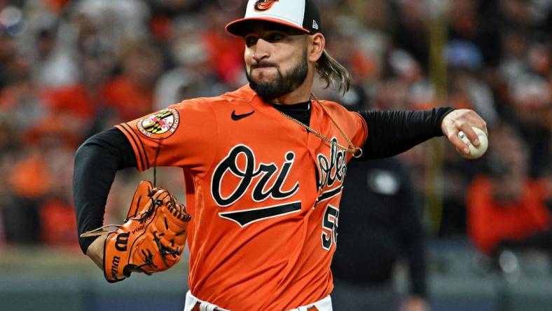 Oct 8, 2023; Baltimore, Maryland, USA; Baltimore Orioles relief pitcher Cionel Perez (58) pitches during the eighth inning against the Texas Rangers during game two of the ALDS for the 2023 MLB playoffs at Oriole Park at Camden Yards. Mandatory Credit: Tommy Gilligan-USA TODAY Sports