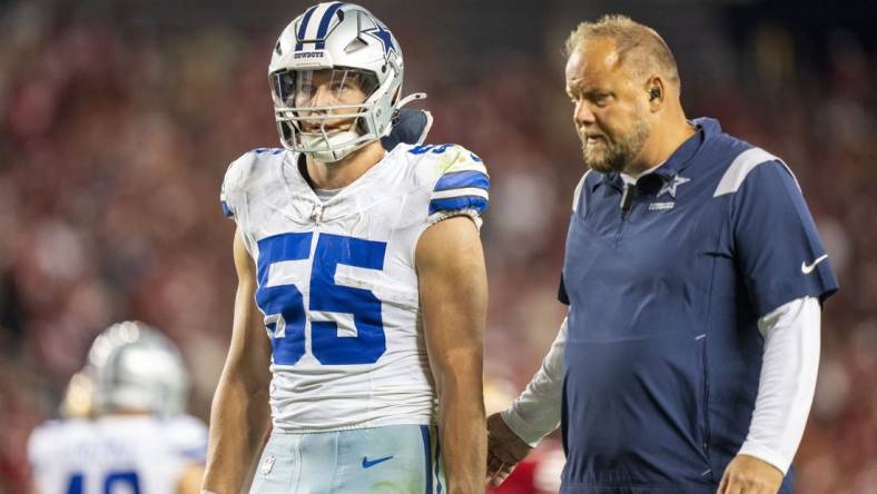 October 8, 2023; Santa Clara, California, USA; Dallas Cowboys linebacker Leighton Vander Esch (55) leaves the game after an injury during the fourth quarter against the San Francisco 49ers at Levi's Stadium. Mandatory Credit: Kyle Terada-USA TODAY Sports