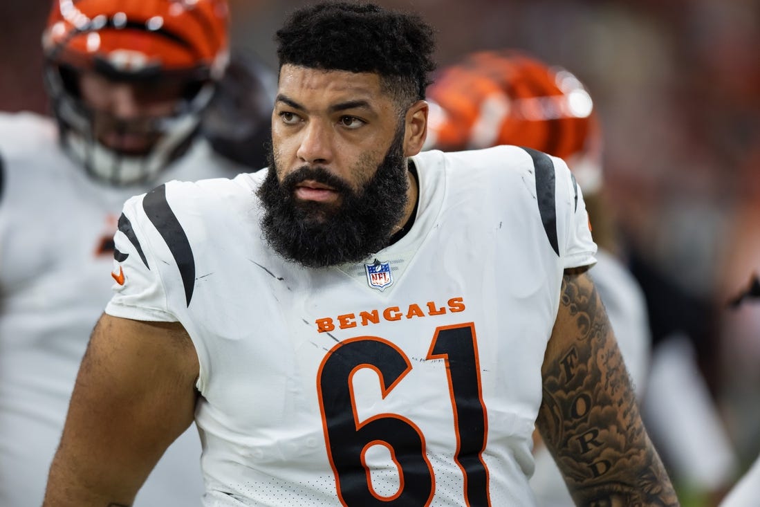 Oct 8, 2023; Glendale, Arizona, USA; Cincinnati Bengals offensive tackle Cody Ford (61) against the Arizona Cardinals at State Farm Stadium. Mandatory Credit: Mark J. Rebilas-USA TODAY Sports