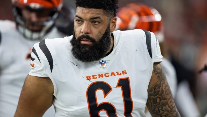 Oct 8, 2023; Glendale, Arizona, USA; Cincinnati Bengals offensive tackle Cody Ford (61) against the Arizona Cardinals at State Farm Stadium. Mandatory Credit: Mark J. Rebilas-USA TODAY Sports