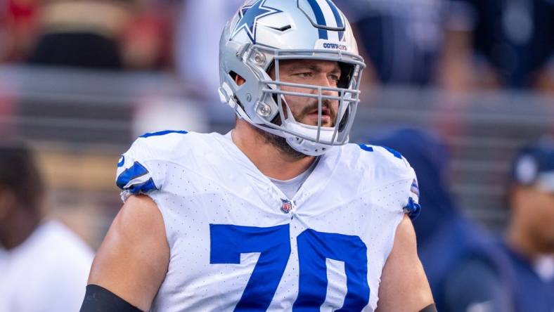 October 8, 2023; Santa Clara, California, USA; Dallas Cowboys guard Zack Martin (70) warms up before the game against the San Francisco 49ers at Levi's Stadium. Mandatory Credit: Kyle Terada-USA TODAY Sports