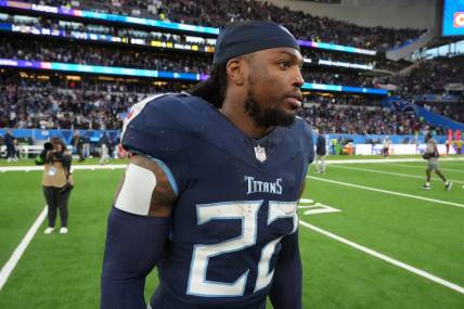Oct 15, 2023; London, United Kingdom; Tennessee Titans running back Derrick Henry (22) leaves the field after an NFL International Series game against the Baltimore Ravens at Tottenham Hotspur Stadium. Mandatory Credit: Kirby Lee-USA TODAY Sports