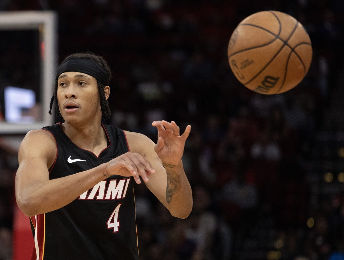 Oct 20, 2023; Houston, Texas, USA; Miami Heat guard R.J. Hampton (4) passes against the Houston Rockets  in the fourth quarter at Toyota Center. Mandatory Credit: Thomas Shea-USA TODAY Sports