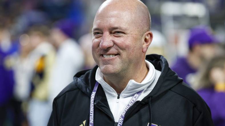 Oct 21, 2023; Seattle, Washington, USA; Washington Huskies Athletic Director Troy Dannen stands on the sidelines before a football game against the Arizona State Sun Devils at Alaska Airlines Field at Husky Stadium. Mandatory Credit: Joe Nicholson-USA TODAY Sports