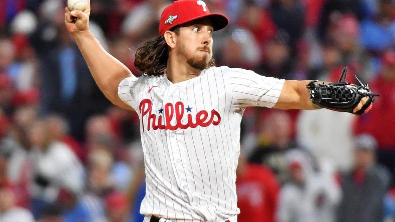 Oct 23, 2023; Philadelphia, Pennsylvania, USA; Philadelphia Phillies starting pitcher Michael Lorenzen (22) pitches during the fifth inning against the Arizona Diamondbacks in game six of the NLCS for the 2023 MLB playoffs at Citizens Bank Park. Mandatory Credit: Eric Hartline-USA TODAY Sports