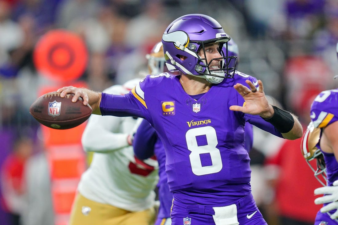 Oct 23, 2023; Minneapolis, Minnesota, USA; Minnesota Vikings quarterback Kirk Cousins (8) passes against the San Francisco 49ers in the first quarter at U.S. Bank Stadium. Mandatory Credit: Brad Rempel-USA TODAY Sports