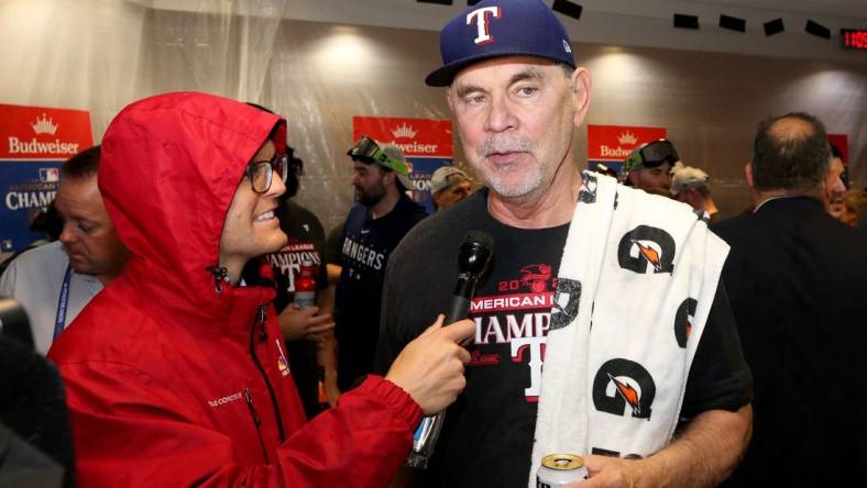 Oct 23, 2023; Houston, Texas, USA; Texas Rangers manager Bruce Bochy celebrates after winning game seven in the ALCS against the Houston Astros for the 2023 MLB playoffs at Minute Maid Park. Mandatory Credit: Thomas Shea-USA TODAY Sports