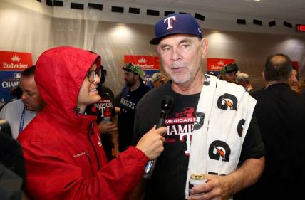 Oct 23, 2023; Houston, Texas, USA; Texas Rangers manager Bruce Bochy celebrates after winning game seven in the ALCS against the Houston Astros for the 2023 MLB playoffs at Minute Maid Park. Mandatory Credit: Thomas Shea-USA TODAY Sports