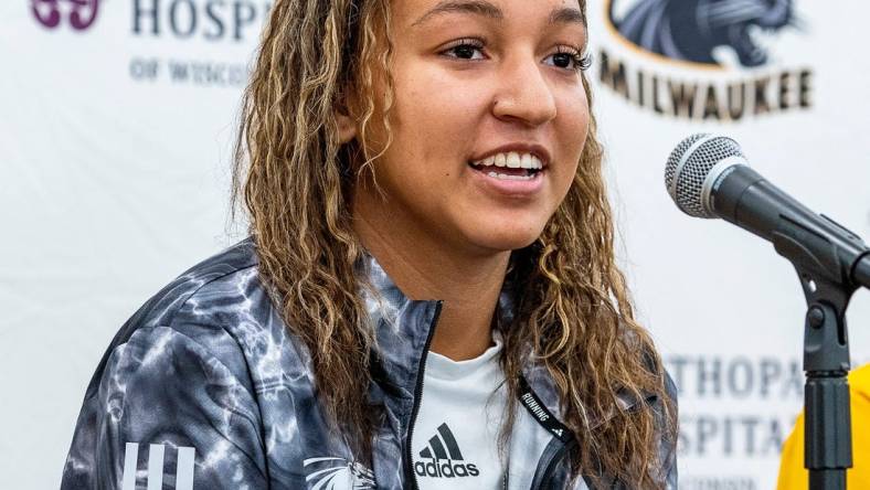 Milwaukee guard Jada Williams (2) answers questions from the press during UWM basketball media day on Tuesday October 24, 2023 at the OHOW Center in Milwaukee, Wis.