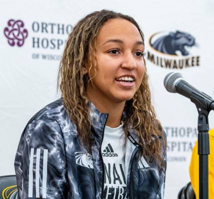 Milwaukee guard Jada Williams (2) answers questions from the press during UWM basketball media day on Tuesday October 24, 2023 at the OHOW Center in Milwaukee, Wis.
