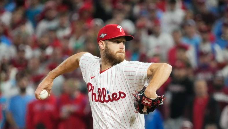 Philadelphia Phillies starting pitcher Zack Wheeler (45) pitches during the seventh inning against the Arizona Diamondbacks in game seven of the NLCS at Citizens Bank Park in Philadelphia on Oct. 24, 2023.