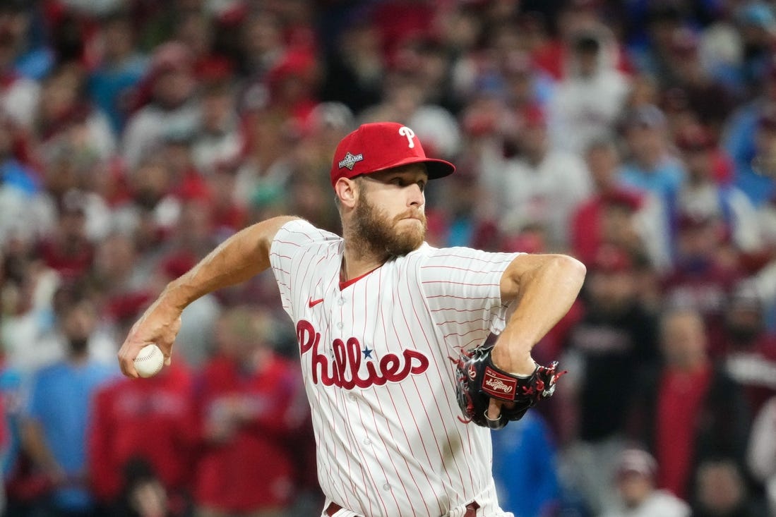 Philadelphia Phillies starting pitcher Zack Wheeler (45) pitches during the seventh inning against the Arizona Diamondbacks in game seven of the NLCS at Citizens Bank Park in Philadelphia on Oct. 24, 2023.