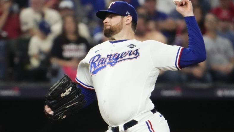 Texas Rangers starting pitcher Jordan Montgomery (52) throws a pitch against the Arizona Diamondbacks during the second inning in game two of the 2023 World Series at Globe Life Field on Oct. 28, 2023, Arlington, Texas.