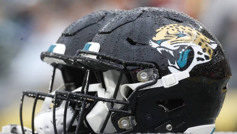 Oct 29, 2023; Pittsburgh, Pennsylvania, USA; Jacksonville Jaguars helmet on the sidelines against the Pittsburgh Steelers during the fourth quarter at Acrisure Stadium. Mandatory Credit: Charles LeClaire-USA TODAY Sports