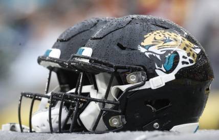Oct 29, 2023; Pittsburgh, Pennsylvania, USA; Jacksonville Jaguars helmet on the sidelines against the Pittsburgh Steelers during the fourth quarter at Acrisure Stadium. Mandatory Credit: Charles LeClaire-USA TODAY Sports