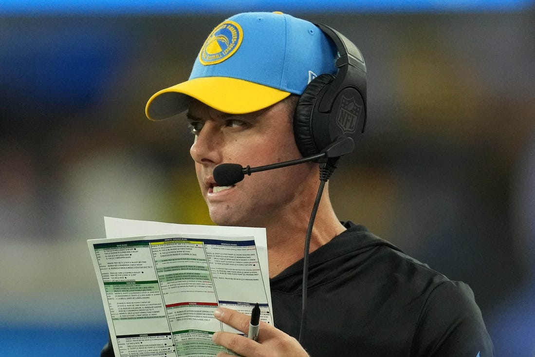 Oct 29, 2023; Inglewood, California, USA; Los Angeles Chargers coach Brandon Staley watches from the sidelines against the Chicago Bears in the first half at SoFi Stadium. Mandatory Credit: Kirby Lee-USA TODAY Sports