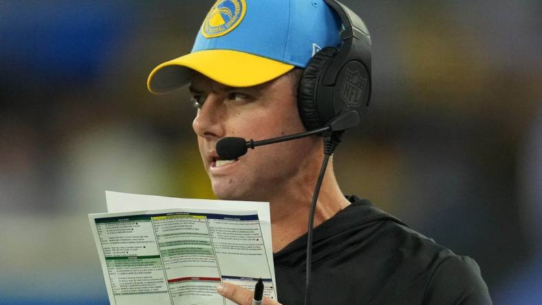 Oct 29, 2023; Inglewood, California, USA; Los Angeles Chargers coach Brandon Staley watches from the sidelines against the Chicago Bears in the first half at SoFi Stadium. Mandatory Credit: Kirby Lee-USA TODAY Sports