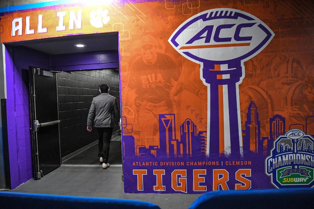 Clemson running back Will Shipley walks into the locker room before the ACC Championship football game with North Carolina at Bank of America Stadium in Charlotte, North Carolina Saturday, Dec 3, 2022. (Via OlyDrop)