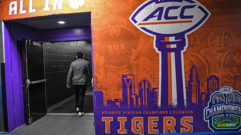 Clemson running back Will Shipley walks into the locker room before the ACC Championship football game with North Carolina at Bank of America Stadium in Charlotte, North Carolina Saturday, Dec 3, 2022. (Via OlyDrop)