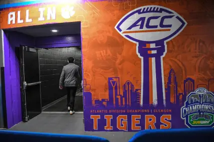 Clemson running back Will Shipley walks into the locker room before the ACC Championship football game with North Carolina at Bank of America Stadium in Charlotte, North Carolina Saturday, Dec 3, 2022. (Via OlyDrop)