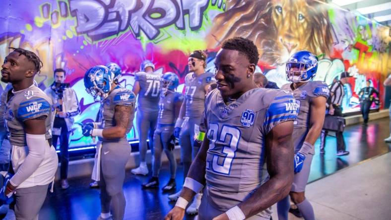 Oct 30, 2023; Detroit, Michigan, USA; Detroit Lions cornerback Jerry Jacobs (23) and teammates head out to the field before the start of the first half against the Las Vegas Raiders at Ford Field. Mandatory Credit: David Reginek-USA TODAY Sports